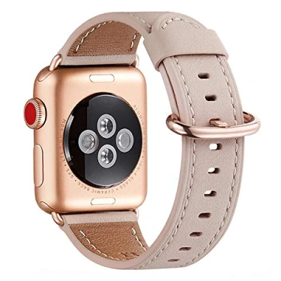 Abbildung von WFEAGL Kompatibel für Apple Watch Armband 40mm 41mm 38mm,Lederband Ersatzband Herren Damen iWatch Series 10/9/8/7/6/5/4/3/2/1,SE(38mm 41mm, Rosa Sand+Rosé Gold Adapter)
