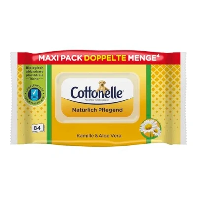 Abbildung von Cottonelle Feuchtes Toilettenpapier, Kamille und Aloe Vera, 1 x 84 Tücher Maxi Pack, Natürlich Pflegend, Biologisch Abbaubar, Plastikfrei, Wiederverschließbar
