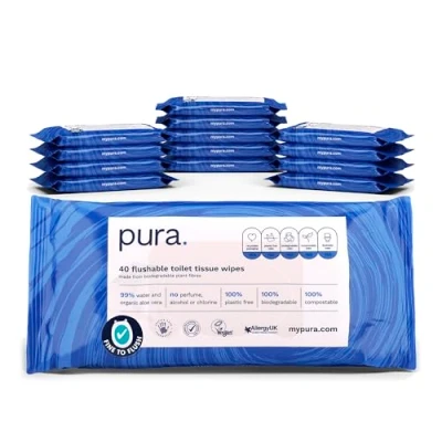 Abbildung von Pura Öko Spülbares Feuchtpapier, 560 Tücher (14 x 40 Tücher), Monatspackung, 100% Plastikfrei, 99% Wasser, Sensible und Pflegende Feuchttücher, Zertifiziert &quot;Fine to Flush&quot;, Biologisch Abbaubar, Vegan