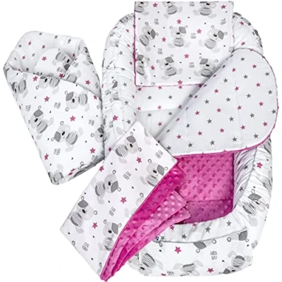 Abbildung von Medi Partners 5 teilig Babynestchen Set Babynest 100x60x15 herausnehmbarer Einsatz Bett Kuschelnest Krabbeldecke Babys Neugeborene 100% Baumwolle (Teddybär mit dunkelrosa Minky)