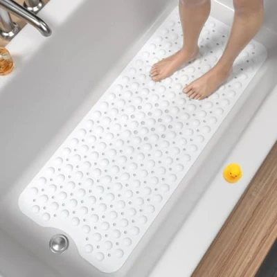 Abbildung von HITSLAM Badewannenmatte rutschfest, 101 x 40cm Extra Lange Antirutschmatte Badewanne, Duschmatte rutschfest BPA Frei, Schimmelresistent &amp; Maschinenwaschbar Badematte, Weiß
