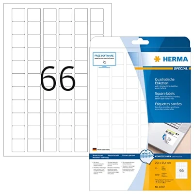 Abbildung von HERMA 10107 Universal Etiketten ablösbar, 25 Blatt, 25,4 x mm, 66 pro A4 Bogen, 1650 Stück, selbstklebend, bedruckbar, matt, quadratisch, blanko Papier Klebeetiketten Aufkleber, weiß