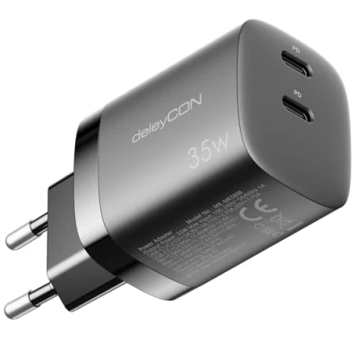 Abbildung von deleyCON Ladegerät USB C (2 Port 35W Schnellladegerät) Netzteil für iPhone 16/15/14/13/12/11 iPad Galaxy S24/S23 Pixel Handy PD 3.0 Charger Schwarz