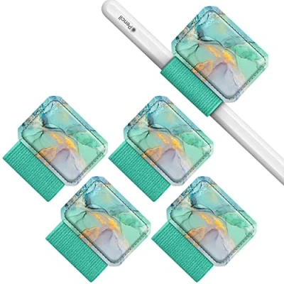 Abbildung von Fintie 4 Stück Stifthalter Selbstklebend für Apple Pencil und Stylus Stift, Elastisch Kunstleder Pen Loop Holder Notizbuch, Kalender, Tablet, Ordner, Marmor Grün