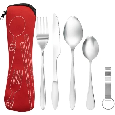 Abbildung von BRAMBLE Camping Besteckset 1 Person Edelstahl Reisebesteck mit Etui (Rot) Outdoor Besteck Set für Unterwegs