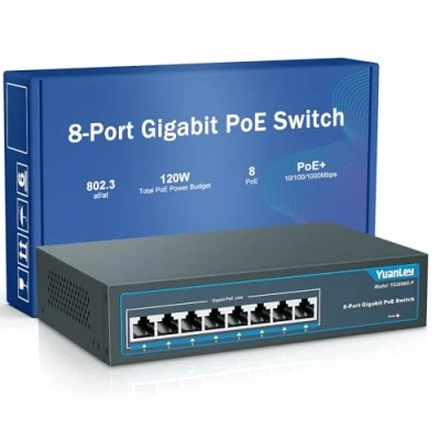 Abbildung von YuanLey 8 Port Gigabit PoE Switch, PoE+ 1000Mbps, 120W 802.3af/at, Metal Fanless Unmanaged Plug and Play