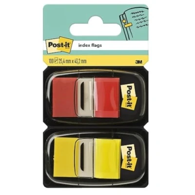 Abbildung von Post it Index Haftstreifen, Standard, Rot und Gelb, 25.4 mm x 43.2 mm, 50 Haftstreifen/Spender, 2 Spender/Packung