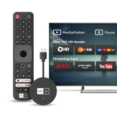 Abbildung von HD+ IP TV Stick, Fernsehen über Internet für alle TVs, 3 Monate HD inkl., Zugriff auf Netflix, YouTube, mit HDMI, WLAN/LAN und 4K
