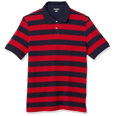 Abbildung von Amazon Essentials Herren Polohemd aus Baumwollpiqué in normaler Passform (erhältlich Übergrößen), Marineblau Rot Rugby Streifen, L