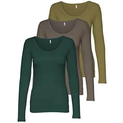 Abbildung von ONLY 3er Pack Damen Langarmshirt schwarz und weiß Langarm Basic Longsleeve Sommer aus 95% Baumwolle XS S M L XL 15209156 (3er Farb Mix 8, L)