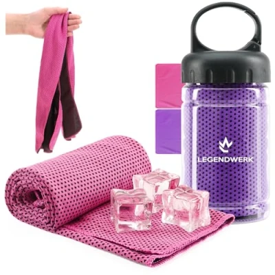 Abbildung von com four® 2X Kühlhandtuch in Flasche Cooling Towel Kühltuch kühlendes Tuch bei Hitze, Sonnenbrand, Anstrengung, Sport, Müdigkeit, Verbrennungen oder Insektenstichen, Camping (2X pink/lila)
