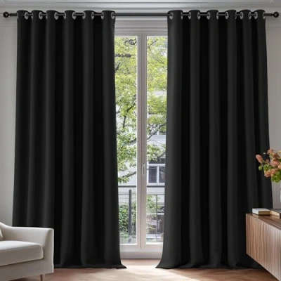 Abbildung von Deconovo Vorhang Blickdicht Verdunkelungsvorhang Gardine Wohnzimmer Thermogardine Kälteschutz Ösen, 274x229 cm(HöhexBreite), Schwarz, 2er Set
