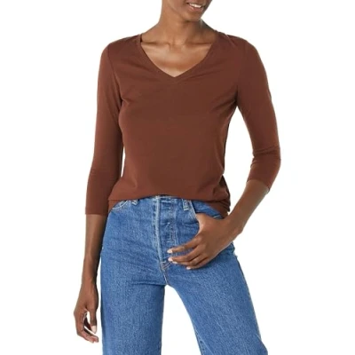 Abbildung von Amazon Essentials Damen T Shirt Mit V Ausschnitt Und 3/4 Ärmeln, Klassischer Schnitt (Erhältlich In Übergröße), Dunkelbraun, M