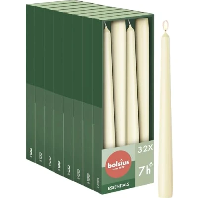 Abbildung von Bolsius Glatte Spitzkerzen Elfenbein 32 Stück Dekorative Haushaltkerzen Brenndauer 7 Stunden Unparfümierte Enthält Natürliches Pflanzenwachts Ohne Palmöl 24,5 cm Weihnachtsdeko