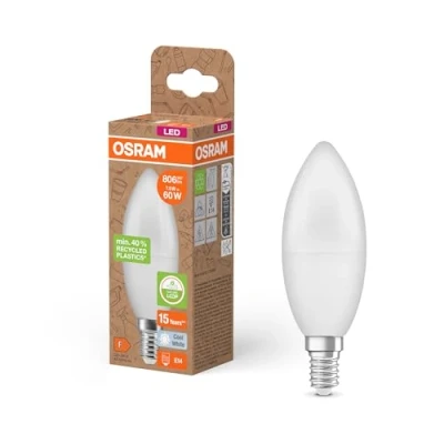 Abbildung von Osram LED STAR CLASSIC B 60 FR Lampe, E14, klassische Minikerzenform, weiß, 7,5W, 806lm, 4000K, kaltweißes Licht, sehr geringer Energieverbrauch, mit recyceltem Kunststoff, 6 Pack