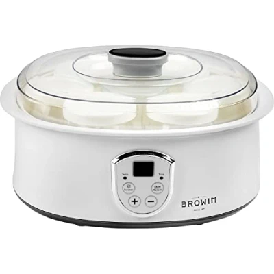 Abbildung von Browin 801015 Joghurtbereiter, Joghurtmaschine mit Thermostat und Gläsern, 7 Joghurtgläser Deckel, 1,3 L, 20 W
