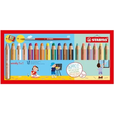 Abbildung von STABILO Buntstift, Wasserfarbe &amp; Wachsmalkreide woody 3 in 1 18er Pack mit Spitzer und Pinsel 18 verschiedenen Farben (inklusive Pastellfarben)