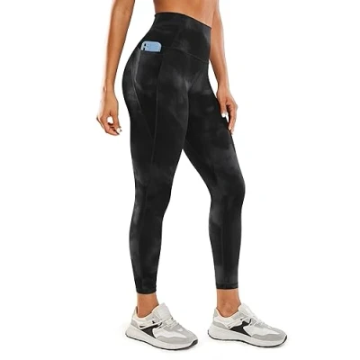 Abbildung von CRZ Yoga Butterluxe Damen High Waist Sport Leggings Blickdicht Soft Hosen Gym Workout Leggins mit Tasche 64cm Schwarze Tie Dye Blumen 38