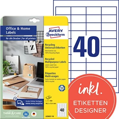 Abbildung von AVERY Zweckform LR3657 10 Recycling Etiketten (400 Klebeetiketten, 48,5x25,4mm auf A4, 100% recyceltes Altpapier, individuell bedruckbar, selbstklebende Aufkleber) Blatt, naturweiß
