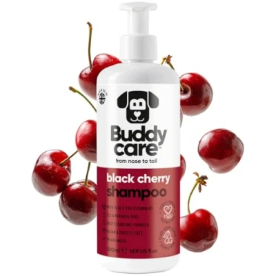 Abbildung von Schwarzkirsch Hundeshampoo von Buddycare Tiefenreinigendes Shampoo für Hunde Fruchtiger Duft Mit Aloe Vera und Pro Vitamin B5 (500ml)