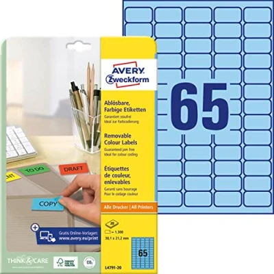 Abbildung von AVERY Zweckform L4791 20 Blaue Etiketten (1.300 Aufkleber, 38,1x21,2 mm auf A4, wieder rückstandsfrei ablösbar, selbstklebende Farbetiketten, Papier matt, bedruckbare, farbige Klebeetiketten) Blatt