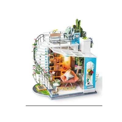 Abbildung von Robotime DG12 Rolife Dora&#039;s Loft Miniatur Puppenhaus aus Holz, Metall, Stoff und Kartonage, Maße: 23 x 16 26 cm, 248 Teile