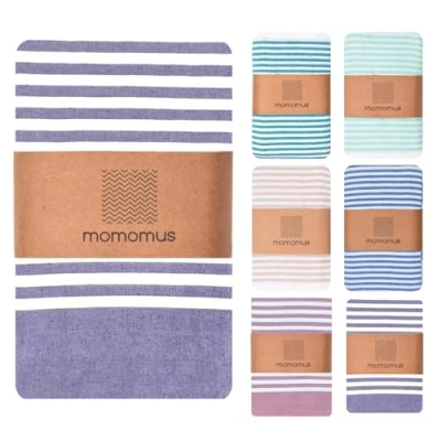 Abbildung von MOMOMUS Fouta XXL oder Dünne Picknickdecke Groß für Strand Mit Fransen, Gestreift, ohne Sand Stranddecke XXL, Strandmatte Sandfrei und Picnic Blanket Violett, 210x240 cm