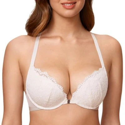 Abbildung von DOBREVA Damen Vorderverschluss BH mit Bügel Push Up Spitzen Neckholder BHS Racerback Tiefer Ausschnitt Gepolsterter Kokosnuss Weiß 80A
