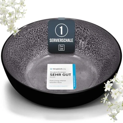 Abbildung von Steingut Servierschüssel Ibiza Hochwertige Mediterrane Salatschüssel, Servierschale Spülmaschinen , Mikrowellen und Kratzfest Bowl Schüssel Groß Salatschale, Müslischale Pure Living in Grau