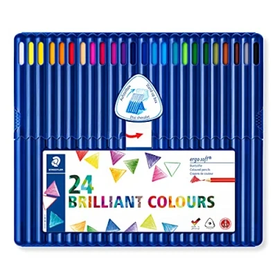 Abbildung von STAEDTLER 157 SB24 ergo Soft Buntstifte (erhöhte Bruchfestigkeit, dreikant, ABS System, rutschfeste Oberfläche, kindgerecht nach DIN EN71) Set mit 24 brillanten Farben