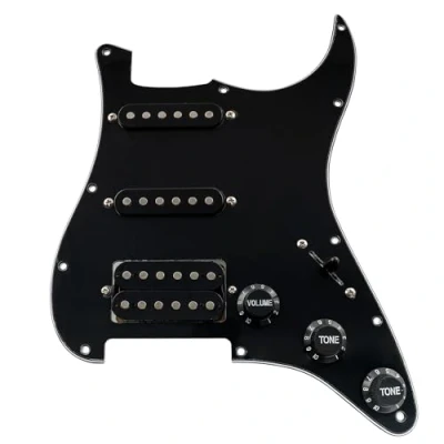 Abbildung von Musiclily 11 Hole HSS Prewired Strat Schlagbrett Loaded Pickguard mit Single Coil Humbucker Tonabnehmer Set für Fender USA/Mexican Stratocaster Squier E Gitarre, 3 lagig Schwarz