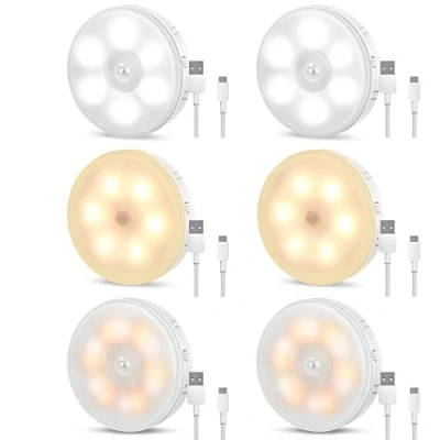 Abbildung von Nachtlicht mit Bewegungsmelder USB Wiederaufladbar, 6 Stück Lampe Bewegungsmeld Innen Batterie, Warmlicht/Weißlicht /Neutrales Licht, für Treppenlich Kinderzimmer, Schlafzimmer, Schrank ,Küche