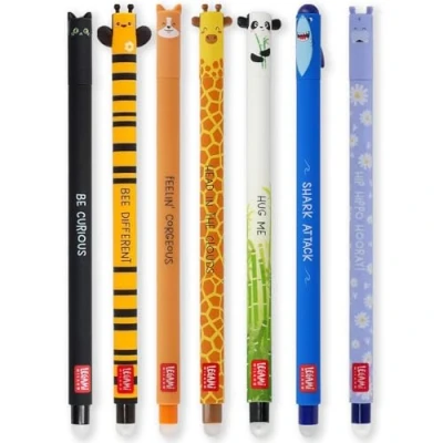 Abbildung von Legami Set mit 7 radierbaren Gelstiften thermoempfindlicher Radiertinte, verschiedene Tintenfarben und Schaftdesigns, 0,7 mm Spitze, Designs: Katze, Biene, Corgi, Giraffe, Panda, Hai, Nilpferd