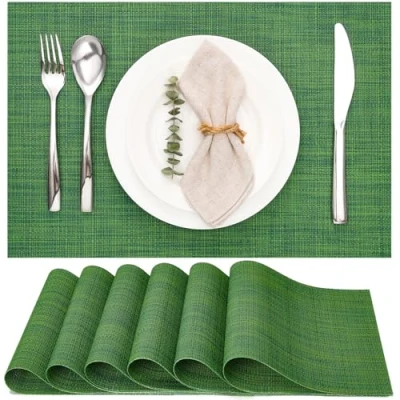 Abbildung von Myir JUN Tischsets Abwaschbar 6er Set, Gewebte Platzdeckchen rutschfest Abgrifffeste Hitzebeständig, Vinyl Platzsets für küche Speisetisch Hotel, Platz Matten 30x45cm (Grün 2)