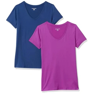 Abbildung von Amazon Essentials Damen Tech Stretch T Shirt mit kurzen Ärmeln und V Ausschnitt (erhältlich in Übergröße), 2er Pack, Marineblau/Orchideenviolett, S