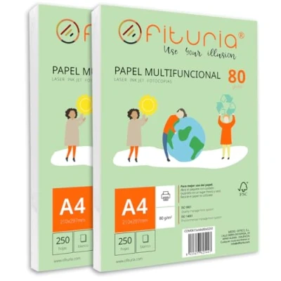 Abbildung von Packung mit 500 weißen DIN A4 Blättern, 80g Druckerpapier. Multifunktionales Kopierpapier für Schule und Büro. Ideal Laserdrucker, Tintenstrahldrucker oder Kopierer Ofituria