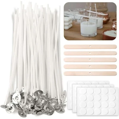 Abbildung von CZ Store® Kerzendochte 60STK 10 cm Holzdochthalter X5 + Kerzendochtaufklebern X60 Natürliche Bio Baumwolle, vorgewachst mit Soja Wachs Langlebig, geruchlos, sauber