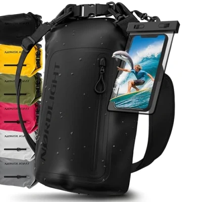 Abbildung von Nordlight Dry Bag wasserdichte Tasche mit Handyhülle + Roll Top, Schultergurt Drybag wasserfester Rucksack Beutel Packsack Seesack Wassersack Wetbag Baden Schwimmen Strand SUP Schwarz, 30 Liter