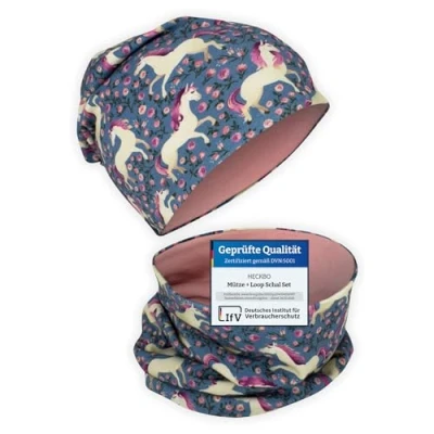 Abbildung von HECKBO Kinder Beanie Mütze &amp; Schal Schlauchschal Set Jersey innen Wendebar Pferd Mädchen Jungen Junge 95% Baumwolle