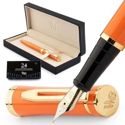 Abbildung von Wordsworth &amp; Black Füllfederhalter Set, mittlere 18 Karat Goldfeder, inklusive 24 Tintenpatronen, Kolbenkonverter und Geschenkbox, goldfarben, Kalligraphie, Orange