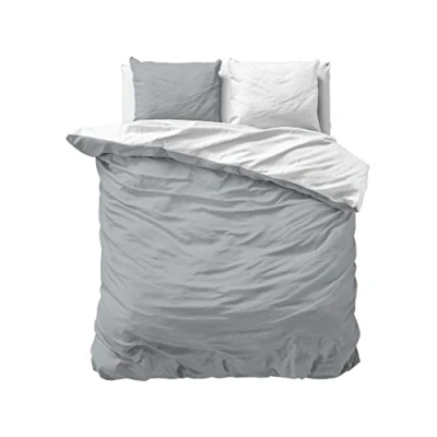Abbildung von Sleeptime 100% Baumwolle Bettwäsche 240cm x 220cm Weiß/Grau weich &amp; bügelfrei Bettbezüge mit Druckknöpfe zweifarbigese Set 2 Kissenbezüge 60cm 70cm