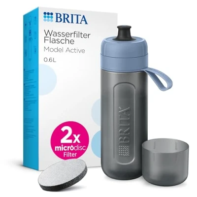 Abbildung von BRITA Sport Wasserfilter Flasche Model Active dunkelblau (600ml) inkl. 2 MicroDisc Filter zusammendrückbare BPA freie für unterwegs, Trinkflasche filtert beim Trinken spülmaschinengeeignet