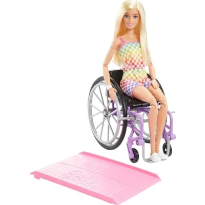 Abbildung von Barbie Fashionista Puppe, Rollstuhl mit blonden Haaren und Regenbogen Jumpsuit, Rampe, Puppe inklusive, Geschenk für Kinder, Spielzeug ab 3 Jahre,HJT13