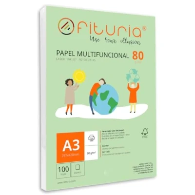 Abbildung von Packung mit 100 weißen DIN A3 Blättern, 80g Druckerpapier. Multifunktionales Kopierpapier für Schule und Büro. Ideal Laserdrucker, Tintenstrahldrucker oder Kopierer Ofituria