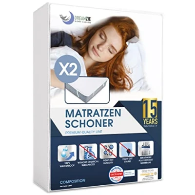 Abbildung von Matratzenschoner 100x200 cm Wasserdicht (2er Set) Oeko TEX Zertifiziert von Dreamzie Atmungsaktive Matratzenauflage