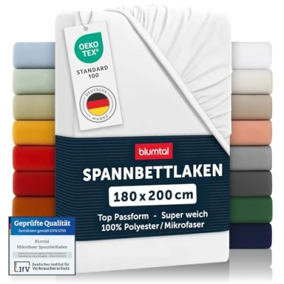 Abbildung von Blumtal® Spannbettlaken 180x200cm aus Microfaser Oekotex zertifiziertes Bettlaken 180x200 Leintuch / Spannbettuch Spannleintuch Laken Weiß
