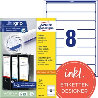 Abbildung von AVERY Zweckform L6060 100 Ordnerrücken Etiketten (800 Rückenschilder mit ultragrip, 34x192mm auf A4, schmal/kurz, selbstklebend, absolut blickdicht, bedruckbare Ordneretiketten) Blatt, weiß