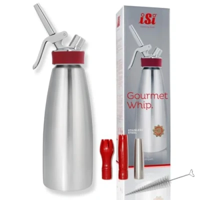Abbildung von iSi Gourmet Whip Sahnespender 1 L, Alle Teile spülmaschinenfest, Körper aus hochwertigem Edelstahl, Betrieb mit Sahnekapseln, Für Sahne, warme und kalte Saucen, Suppen, Espumas, Desserts