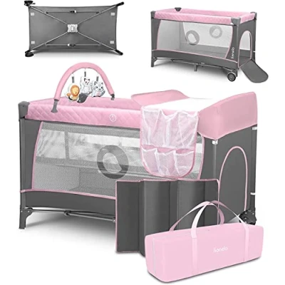Abbildung von Lionelo Flower 4in1 Reisebett Baby, Laufstall Baby mit Seiteneingang, Wickeltisch, Zwei Matratzenaufhängungshöhen, Spielzeugbogen Spielfiguren, Rollen, Tragetasche