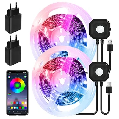 Abbildung von LED Strip Bewegungsmelder 3M,RGB Streifen mit PIR Bewegungssensor,APP Steuerung Bewegung Aktiviert Licht Leiste,Nachtlicht Bewegungsmelder,Nachtlicht Baby,Schlafzimmer,Babybett(2 Pcs)